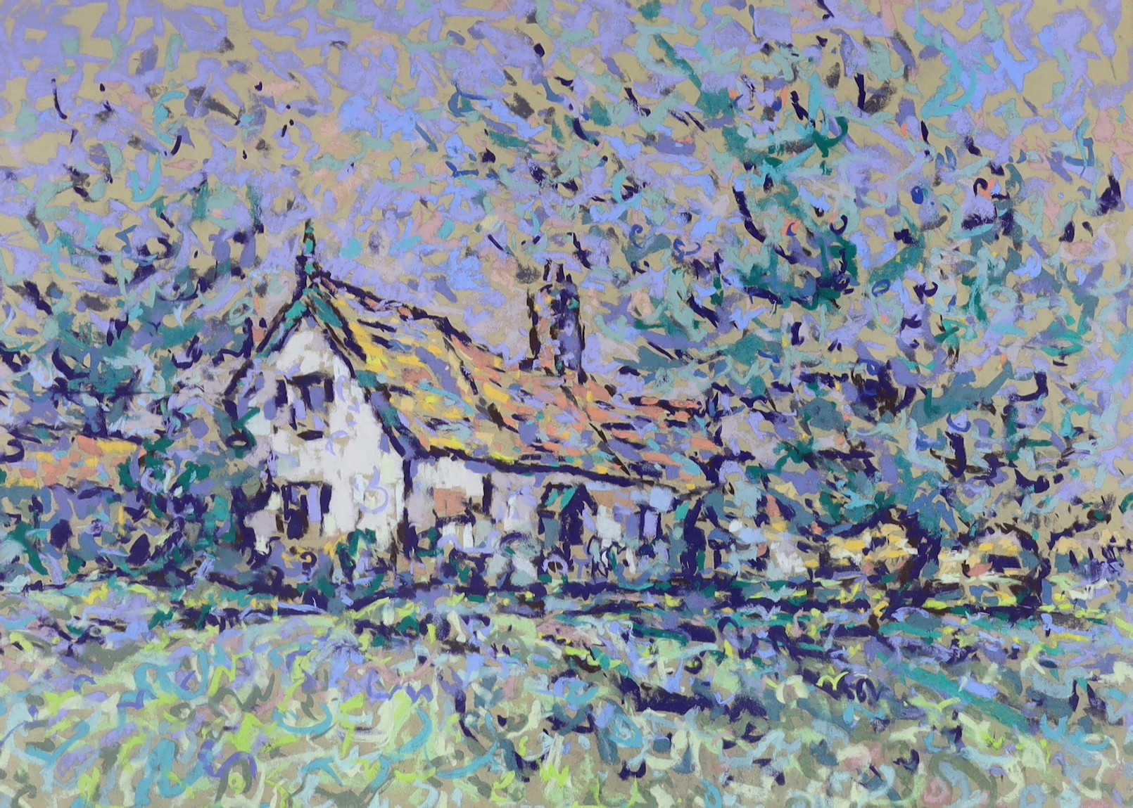 Geoff Marsters (20th C.), pastel, 'Lower Farm Cottages, Spring', Exhibition labels verso, 54 x 74cm